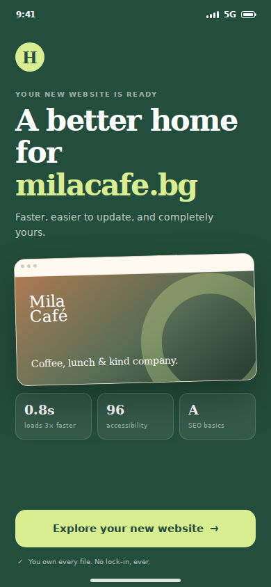 New website handoff screen