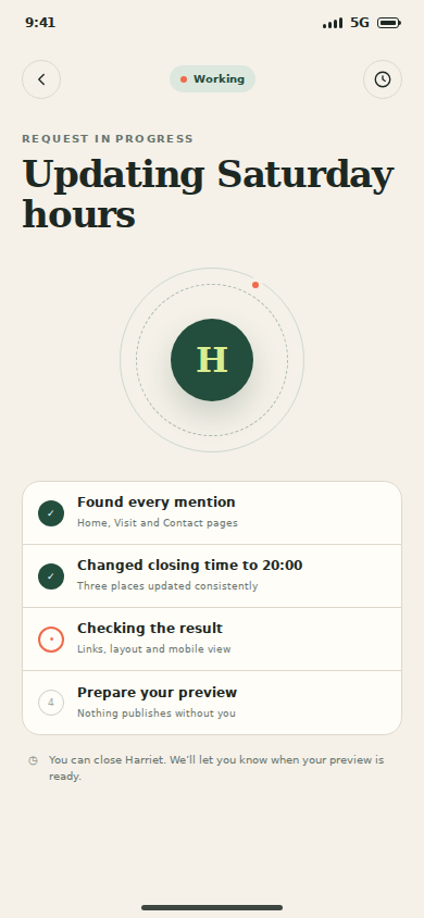 Harriet request progress