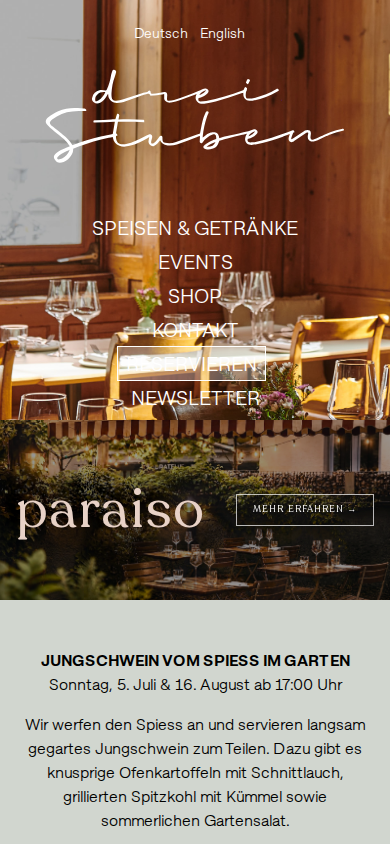 Current live Drei Stuben mobile website captured in August 2026